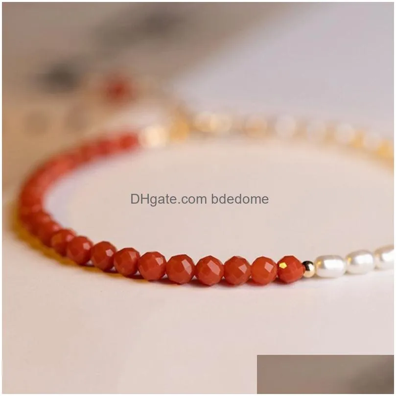 yin yang natural south red agate beaded bracelet small 2mm rice pearl bracelets chain for women fashion jewelry