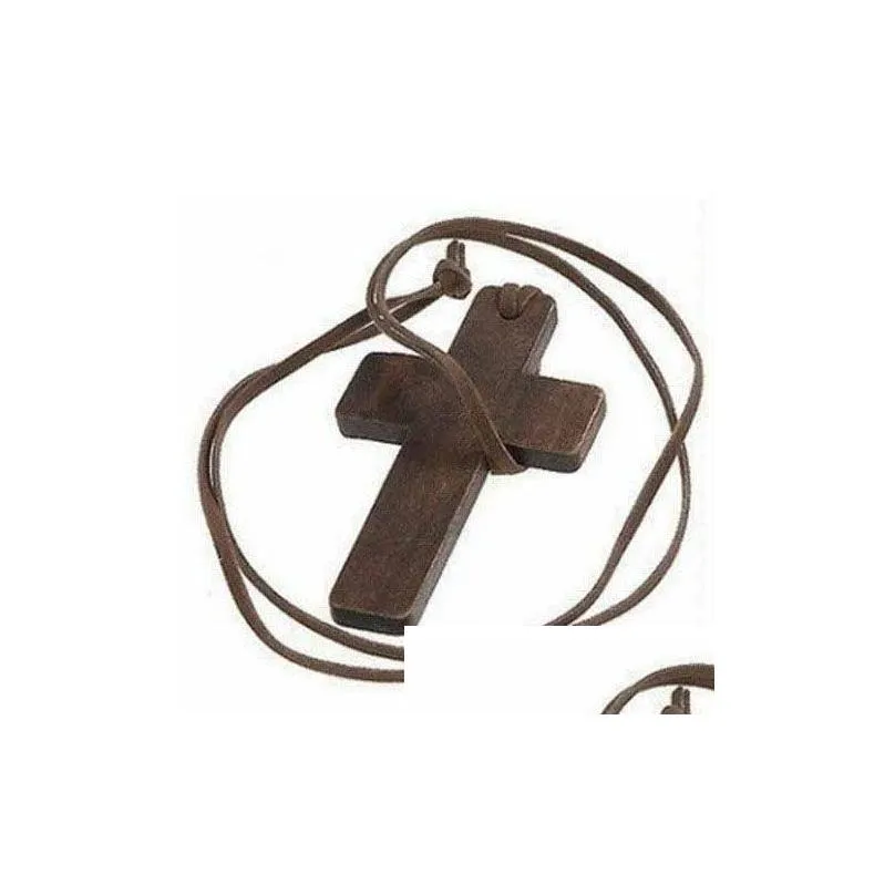 new simple wooden cross necklaces for women wood crucifix pendant with black brown string rope long chains fashion jewelry in bulk