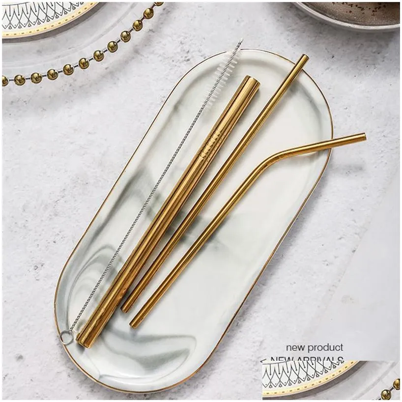 Reusable Metal Drinking Straws 304 Stainless Steel Sturdy Bent Straight Straw with Cleaning Brush and Bag Bar Party Accessory25