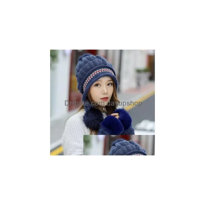1set women knit hat gloves sets skull cap solid casual pompom beanie suit wool caps winter outdoor warm hat girlfriend christmas gifts