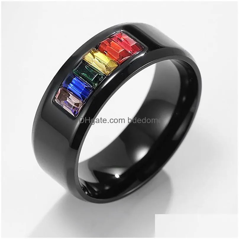 gay ring stainless steel rainbow crystal band rings for couple men women fashion jewelry valentine`s gift