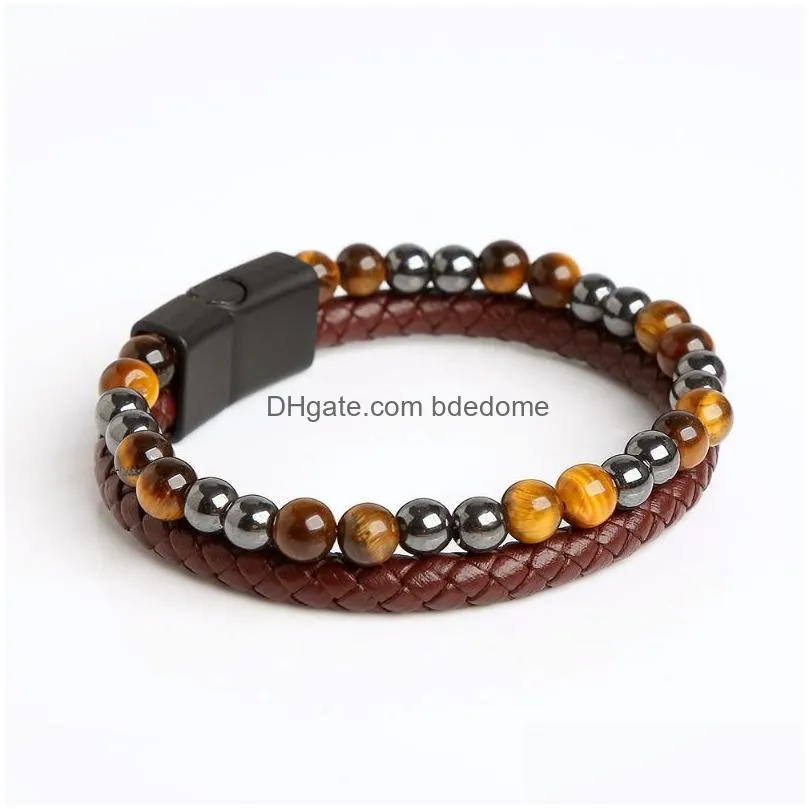 men leather wrap mulitlayer bracelet tiger eye lave natural stone beaded bracelets fashion jewelry gift