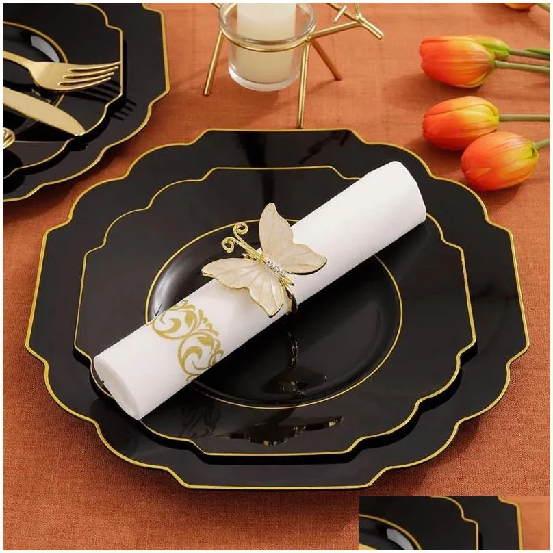 Disposable Dinnerware 60 Pieces Of Party Tableware Black Red With Gold Rim Plastic Plate Silverware Cup Set God Day Wedding Supplies