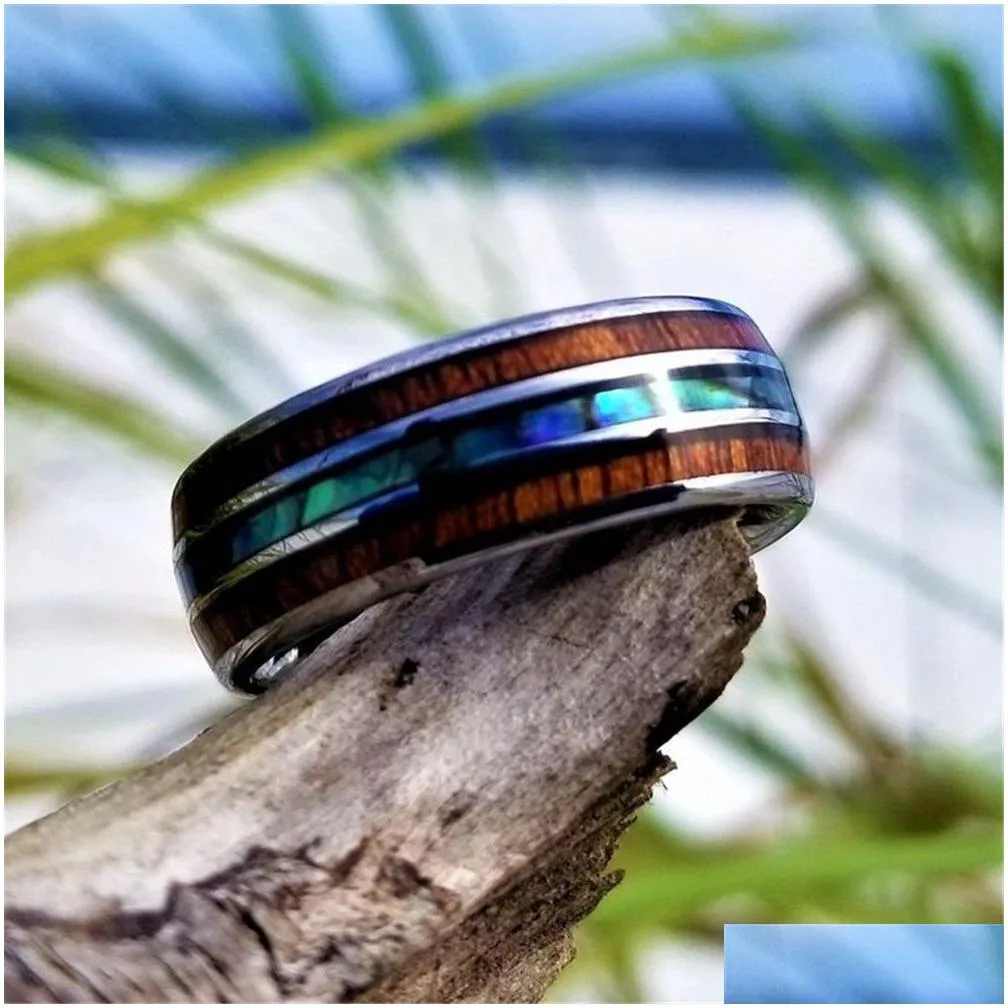 8mm wide wood and blue opal stainless steel rings for men women never fade wooden titanium steel finger ring fashion jewelry gift