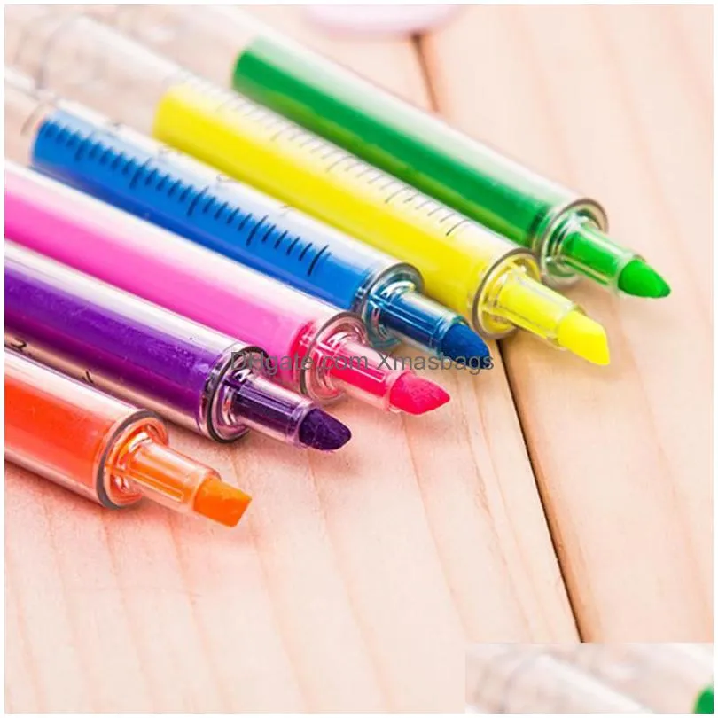 wholesale 350pcs 6 colors novelty nurse needle syringe shaped highlighter markers marker pen pens stationery school supplies