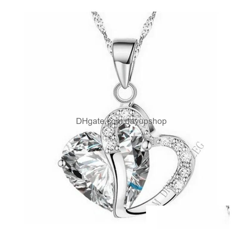 women fashion heart necklace crystal rhinestone silver chain pendant necklace jewelry 9 colors nice gift free shipping