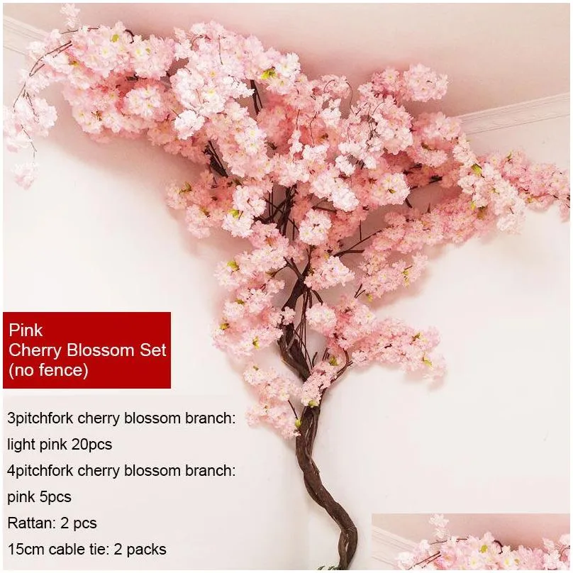 yumai Fake Cherry Blossom Tree Pink Sakura Artificial Flowers Tree Wedding party Background Wall Decoration Shop Window Decor