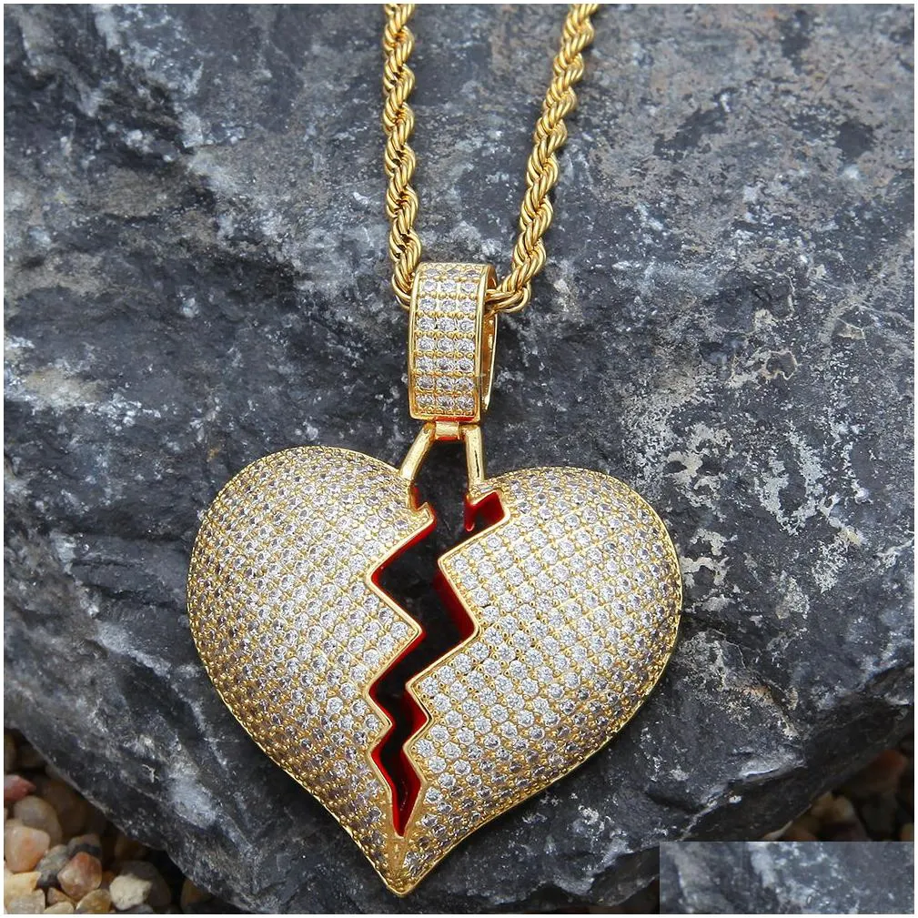 iced out cz broken love heart pendant necklaces bling cubic zirconia gold silver charm twisted chain for women men rapper hip hop