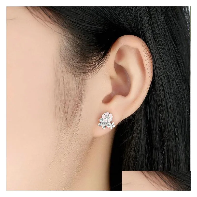 luxury 925 sterling silver poetic daisy cherry blossom drop earrings clear pink cz flower women engagement studs for women fashion