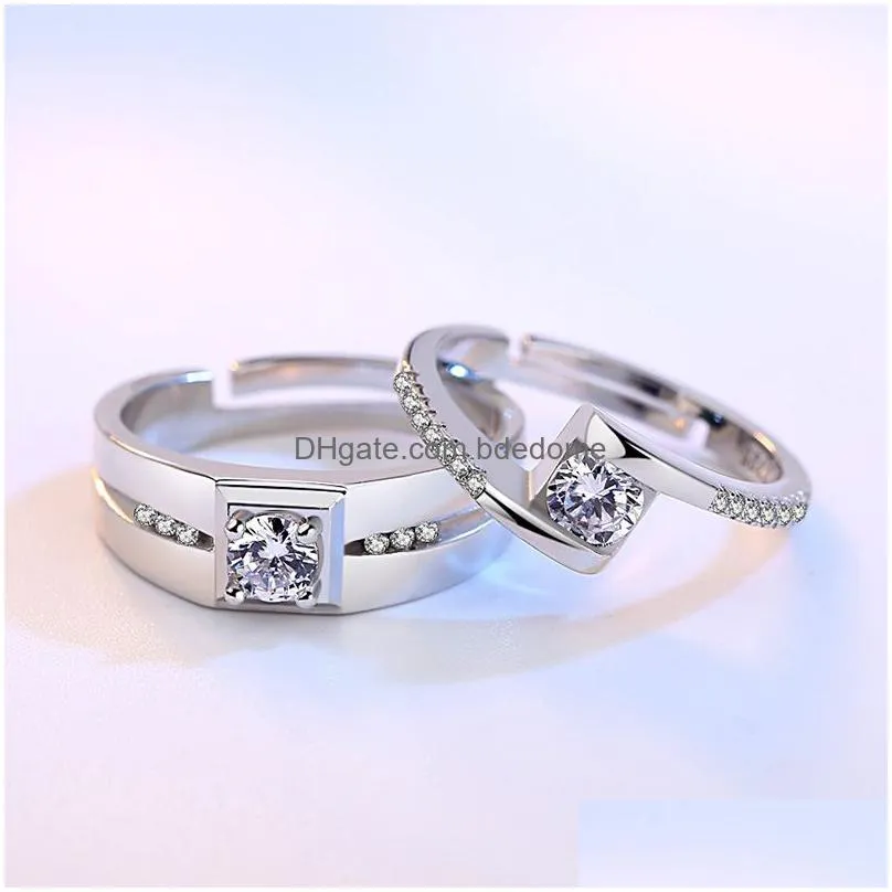 update cubic zircon diamond ring solitaire adjustable silver engagement wedding couple rings mens women