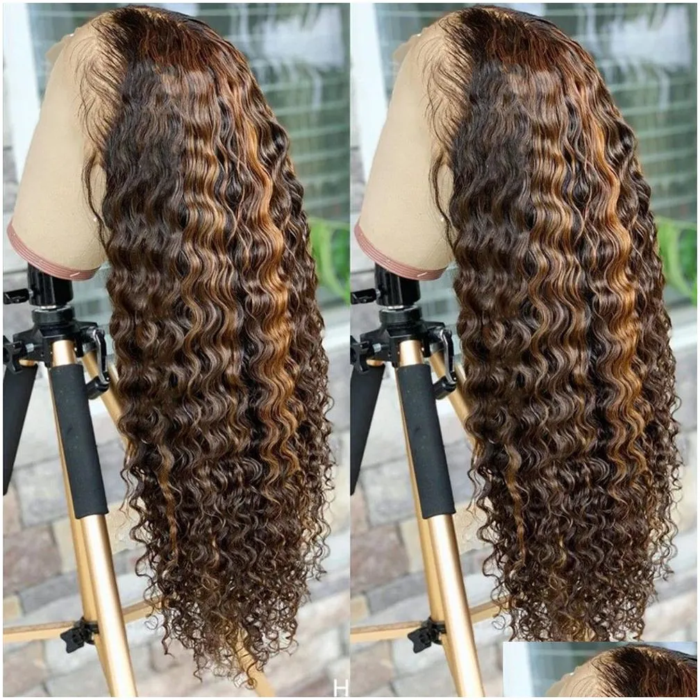 Honey Blonde Deep Curly Lace Front Wig for Black Women Brazilian Human Hair Highlight Curly 13x4 Frontal Wig HD Transparent Synthetic