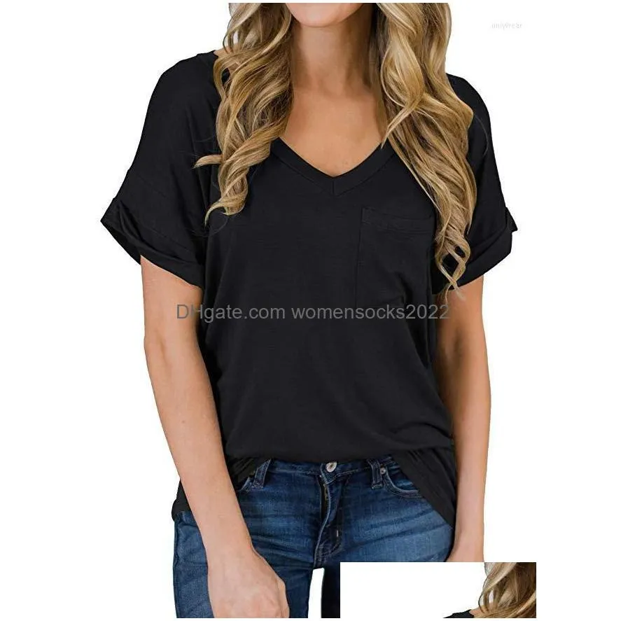 womens t shirts for women tops summer v-neck pocket t-shirt curled loose leopard print solid color all-match urban street home