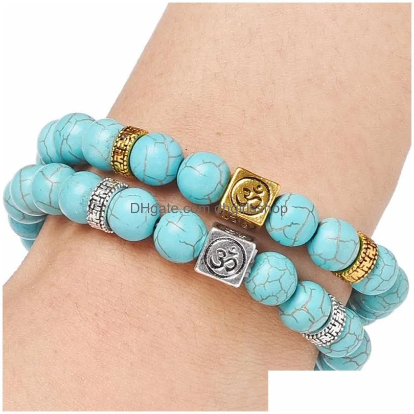 update turquoise gemstone beads 8mm yoga strands bracelet ancient silver gold box natural stone bracelets for women