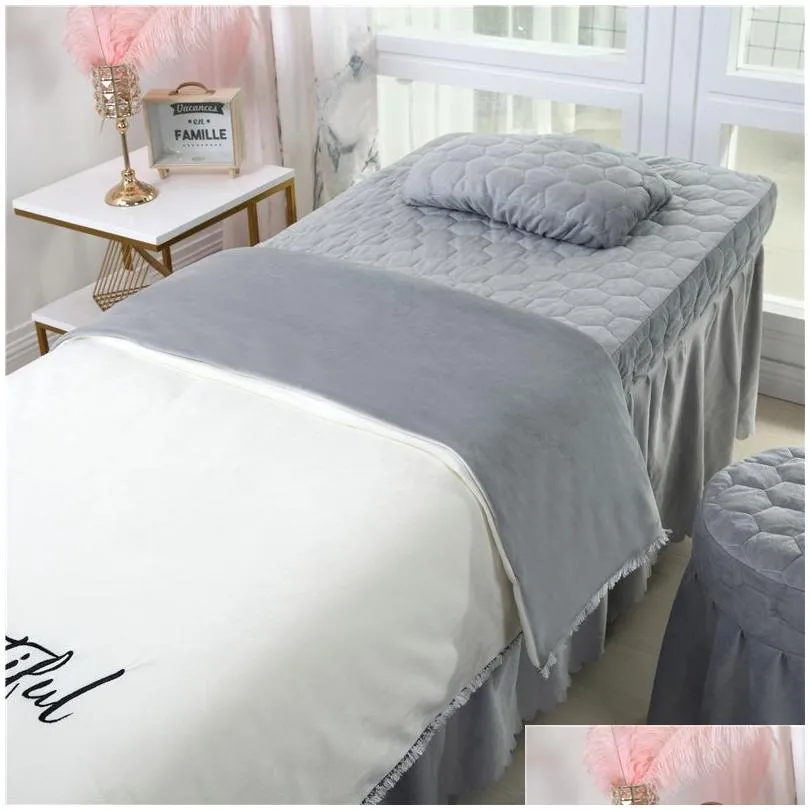 4pcs Beautiful Beauty Salon Bedding Sets Massage Spa Use Coral Velvet Embroidery Duvet Cover Bed Skirt Quilt Sheet Custom #s