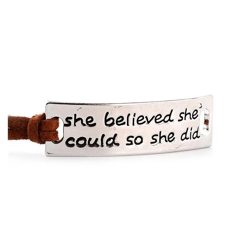 she believed she could so she did bracelets inspirational word charms braided leather bangle for women&men jewelry amazing grace gifts