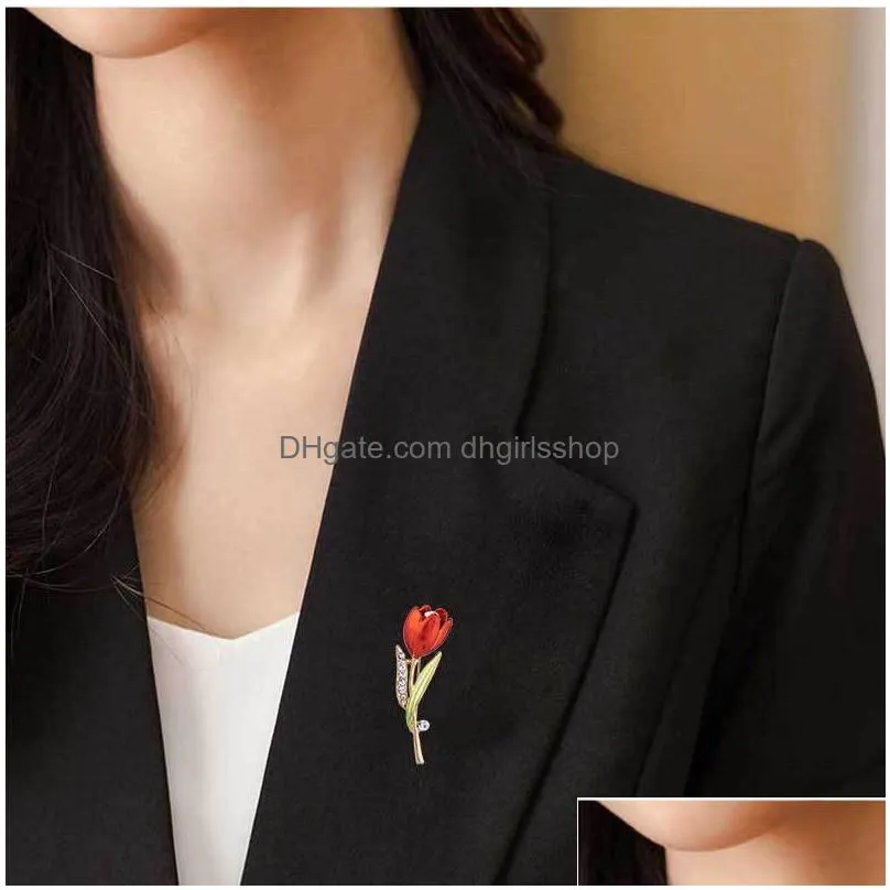 update diamond flower tulip brooch pins enamel brooches corsage lapel pin wedding fashion jewelry for women