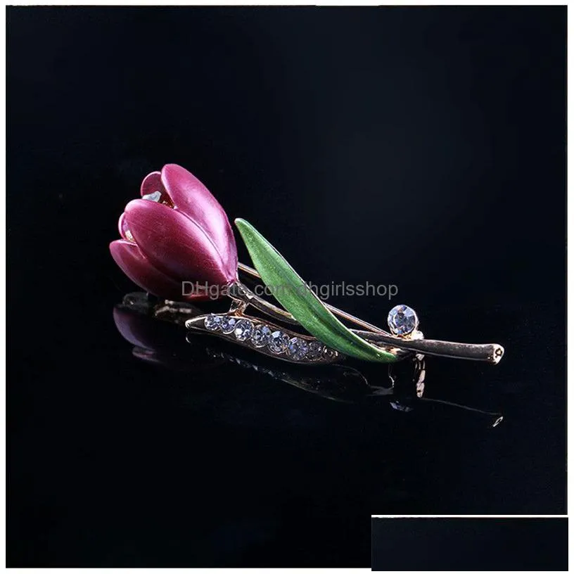 update diamond flower tulip brooch pins enamel brooches corsage lapel pin wedding fashion jewelry for women