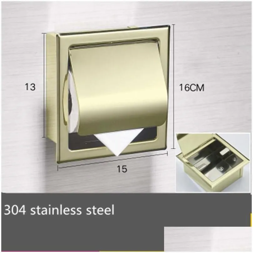 Toilet Paper Holders Single Wall Bathroom Roll Box Polished Gold Recessed Toileissue Holder All Metal Contruction 304 Stainless