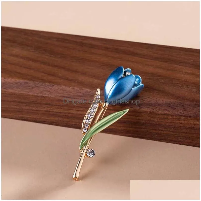 update diamond flower tulip brooch pins enamel brooches corsage lapel pin wedding fashion jewelry for women