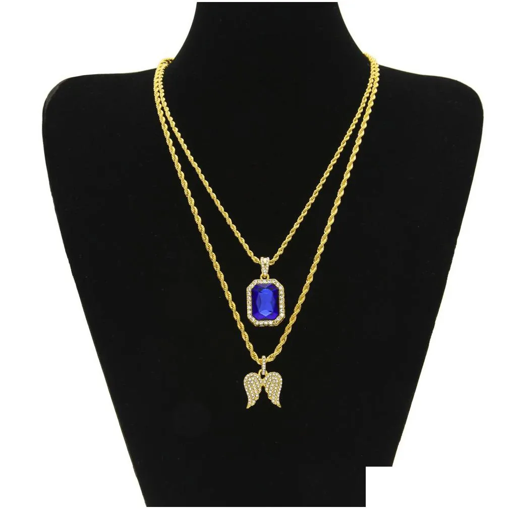 mens hip hop jewelry sets mini square ruby sapphire  diamond angel wings pendant gold chain necklaces for male hiphop