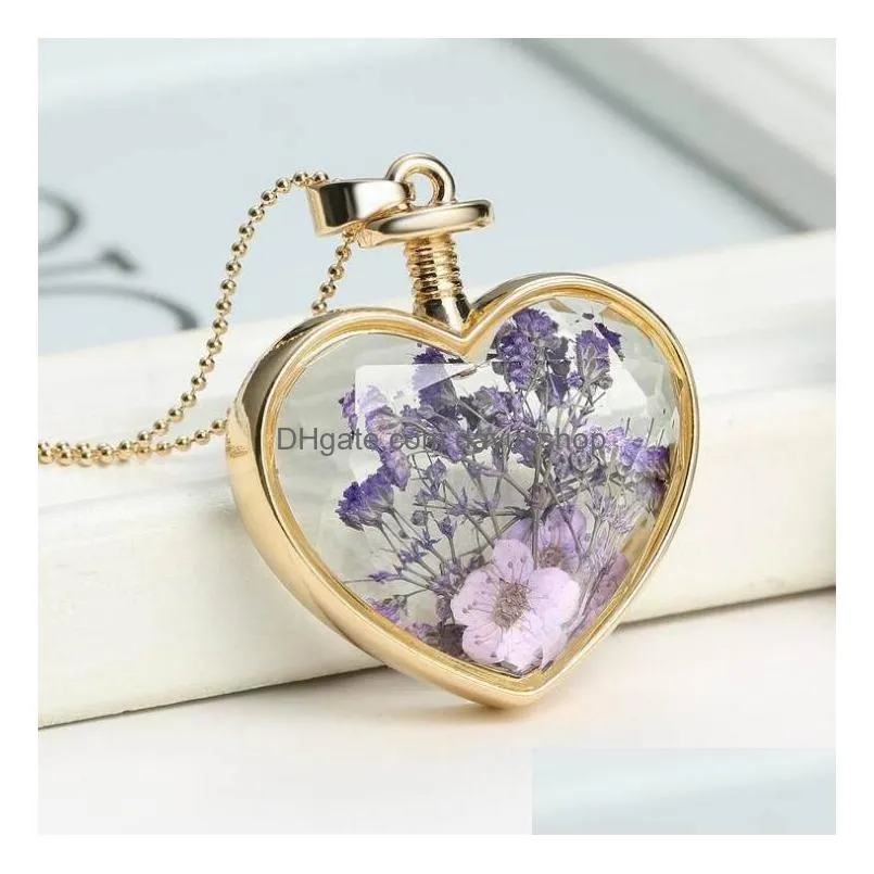 colorful decorative dried flowers necklace 21 color pendant natural dry flower plants jewelry heart metal glass necklace nice gift