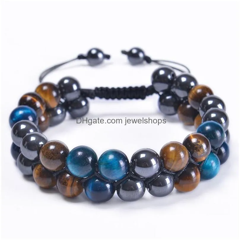 10mm blue tiger eye stone bracelet double layer beaded braided adjustable hematite magnet bracelets wristband cuff for men jewelry
