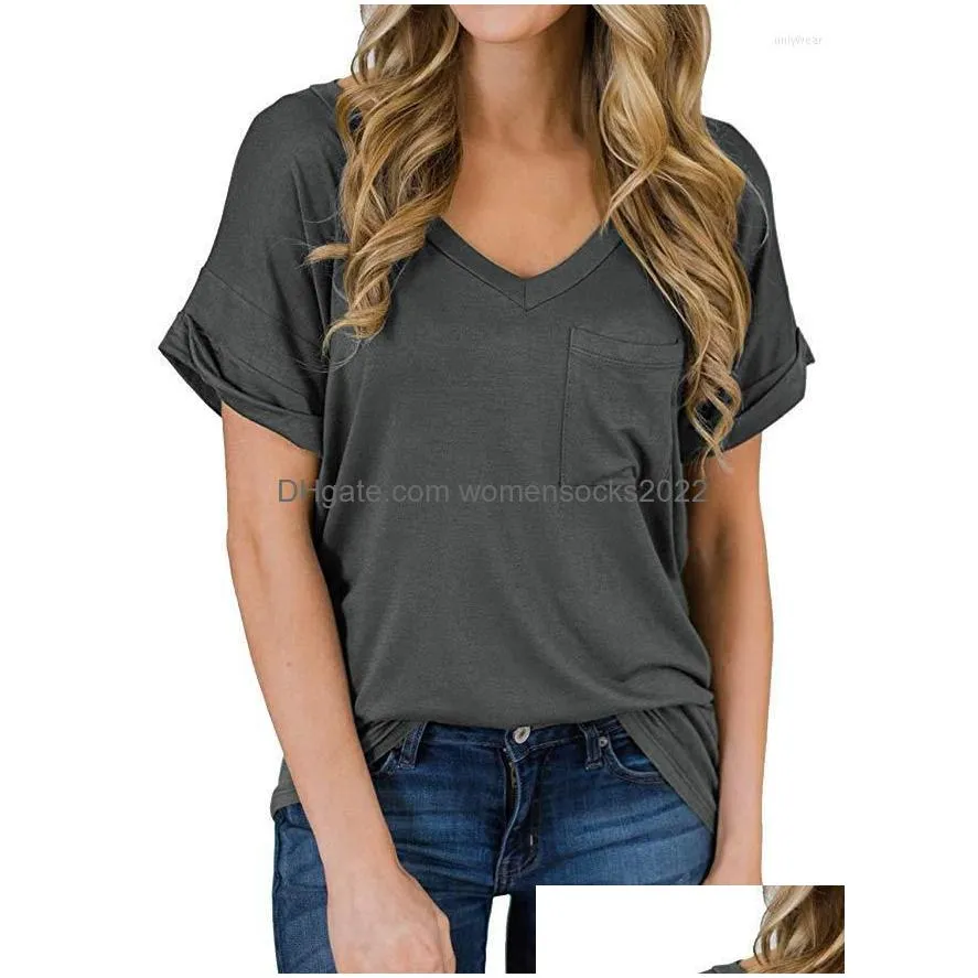 womens t shirts for women tops summer v-neck pocket t-shirt curled loose leopard print solid color all-match urban street home