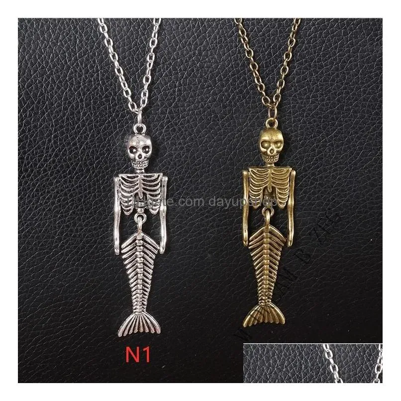 fashion europe skull head necklace mermaid bone pendant new sweater chain creative skull necklace men jewelry gift free ship