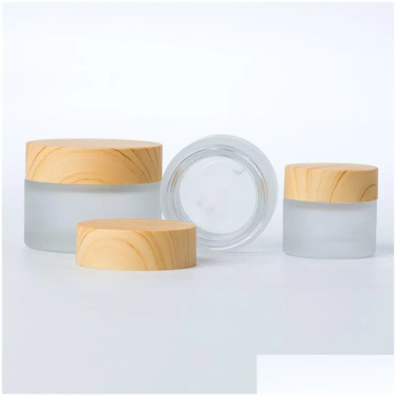 5/10/15/30/50g frosted Glass Jar Skin Care Cream Refillable Bottle Cosmetic Container With Wood Grain Lid Eye Cream Jars F1100