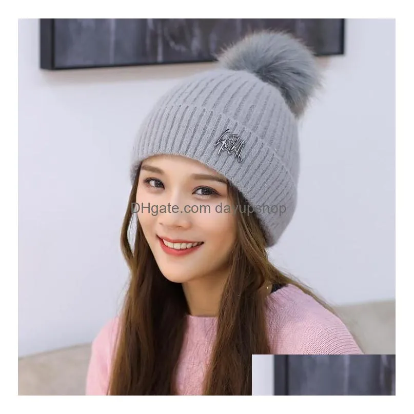 winter knitted hat double-deck beanie wool cap with rabbit hair ball earmuffs hat casual skull caps outdoor warm hats free ship