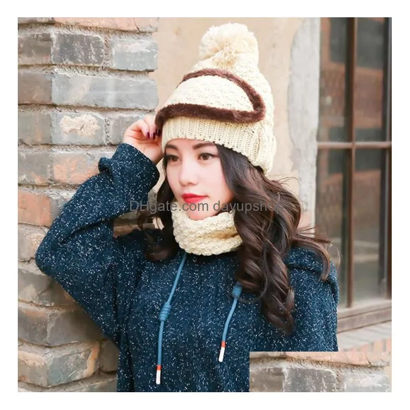 21 designs winter knitted hat 3-piece suit hat+scarf+respirator with mask hood beanie scarf caps outdoor warm hats