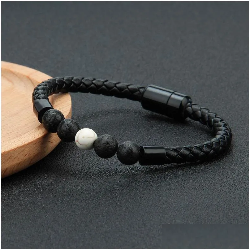 mens genuine leather lava rock bead brackets for women natural turquoise  oil diffuser stone magnetic buckle bangle fashion