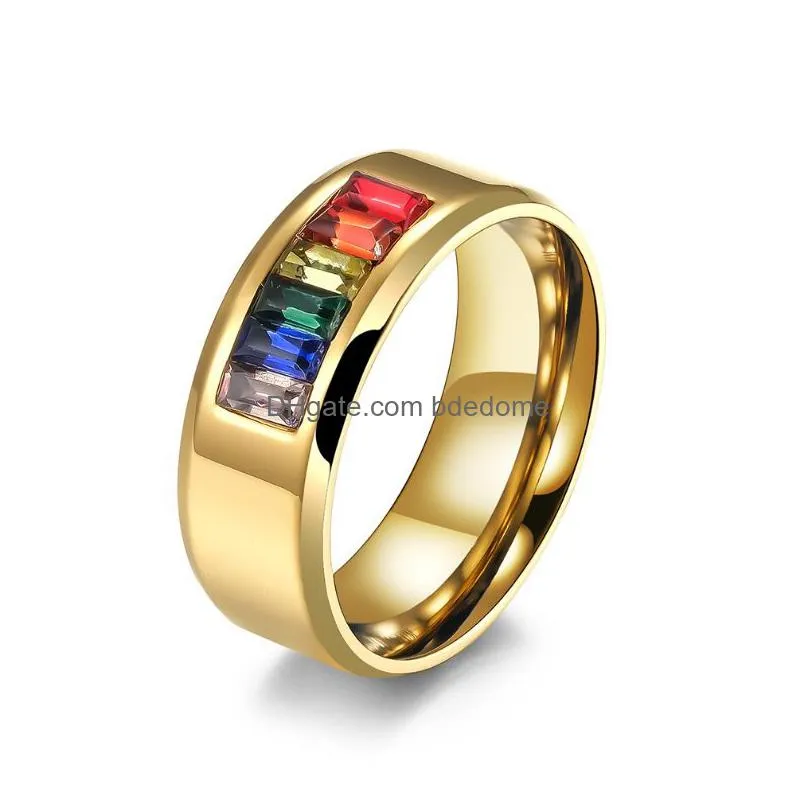 gay ring stainless steel rainbow crystal band rings for couple men women fashion jewelry valentine`s gift