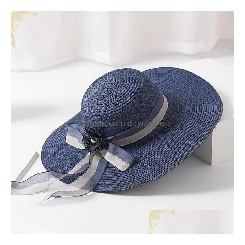 women bowknot wide brim hats folding straw hats beach hats long ribbon sun cap lady topee sunhat for dpring summer