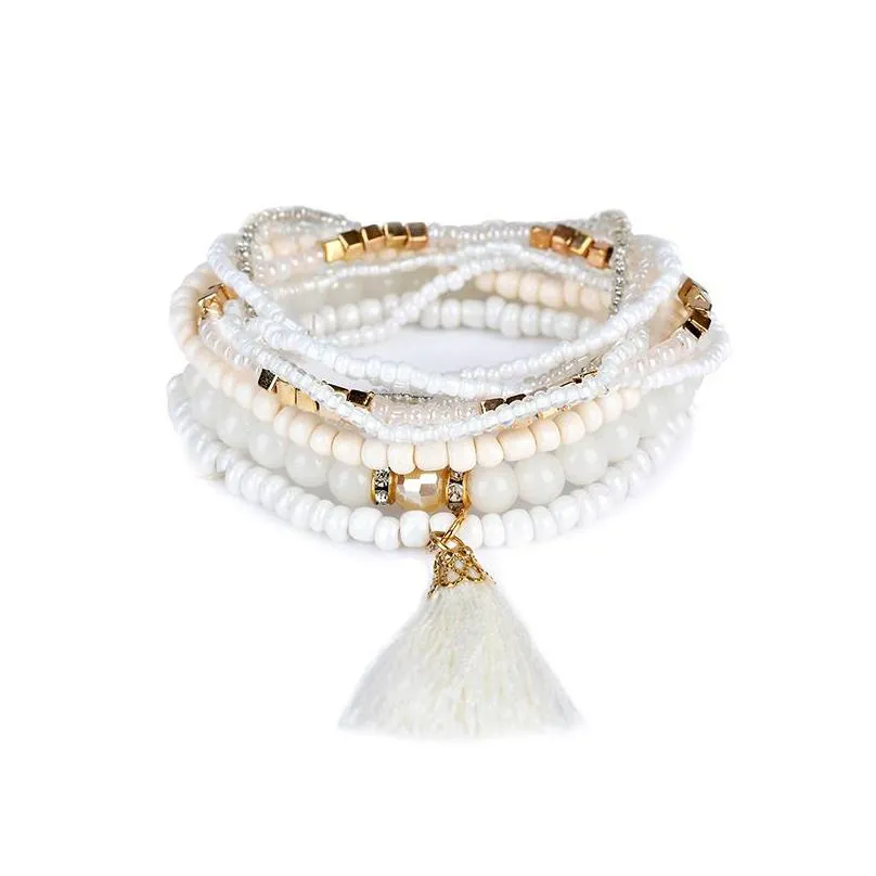 hot sale bohemian beach multilayer crystal beads tassel charm bracelets bangles for women gift wrist mala bracelet jewelry in bulk