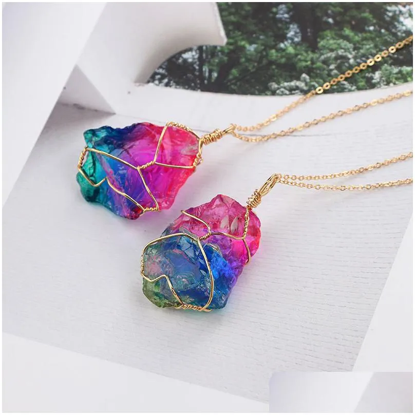 rainbow natural stone pendant necklace for women men healing crystal quartz irregular stone charm gold chains fashion jewelry