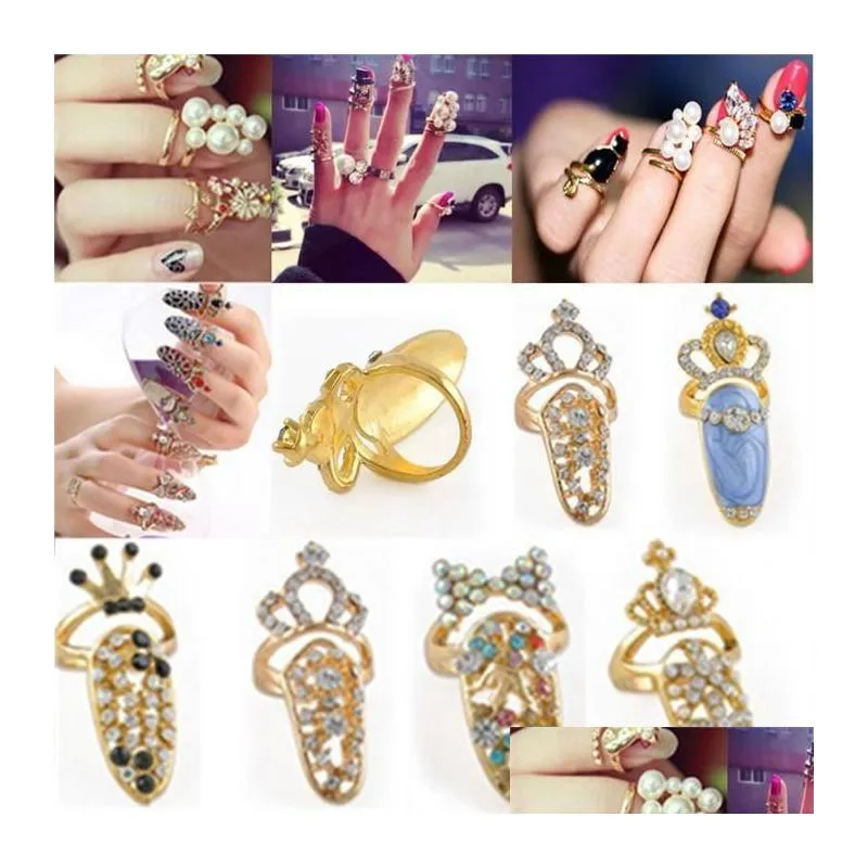 cute rhinestone bowknot finger nail ring for women crown flower crystal personality nail art rings resizable knuckle fashion party