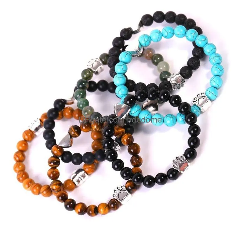 update natural stone paw heart bracelet love tiger eye agate turquoise beads bracelets women men fashion jewelry gift