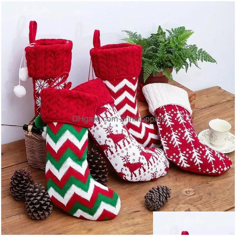 knitted christmas decorations stocking xmas tree ornament red and white santa candy gift bag knitted socks prop party pendant wholesale