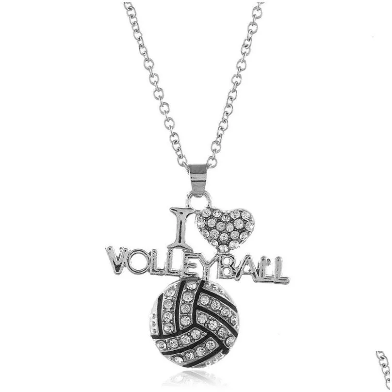 fashion football sports necklaces for women crystal i love basketball volleyball letter pendant chains jewelry in bulk