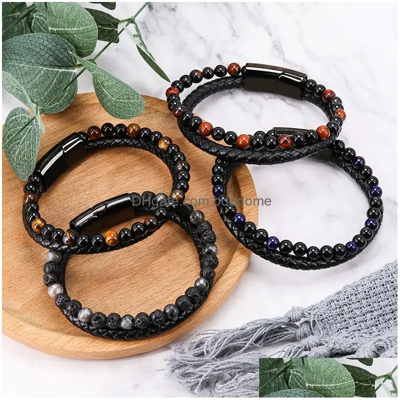 strand volcanic natural stone tiger eye beaded bracelet rows leather bracelets wristband bangle cuff for men fashion jewelry