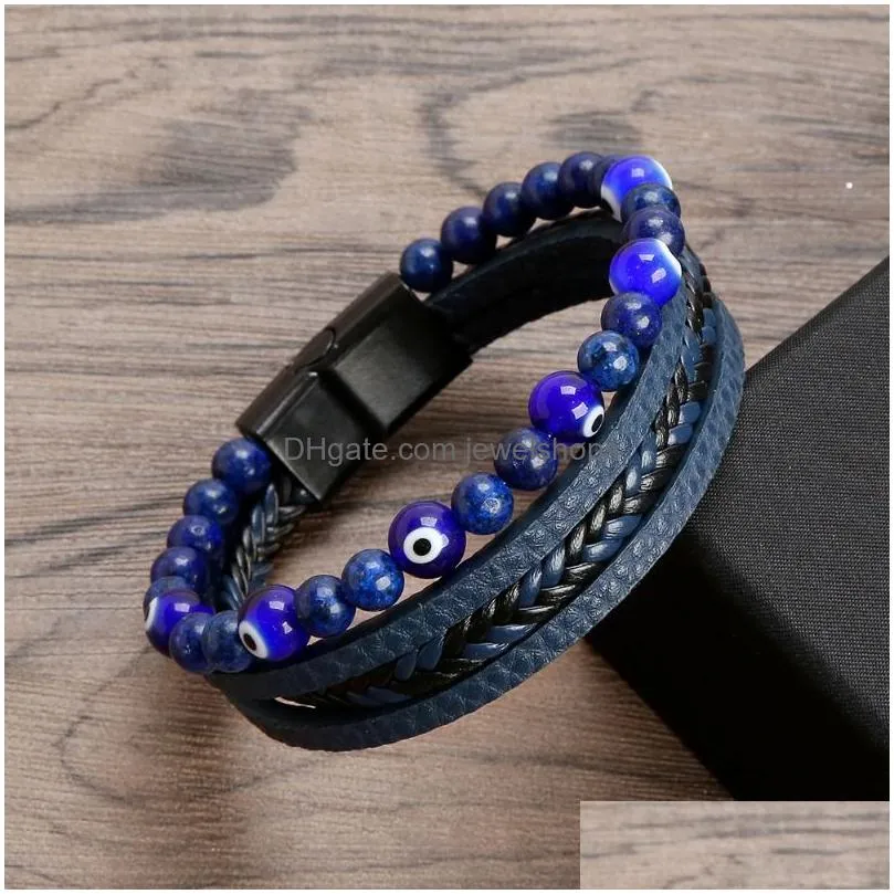 retro tiger eye natural stone beads leather bracelet beaded multi-layer wrap bracelets bangle cuff wristband for men hiphop jewelry
