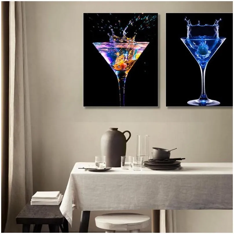 blue light wine glass canvas poster bar kitchen decoration painting modern home decor wall art picture dining room decoration1