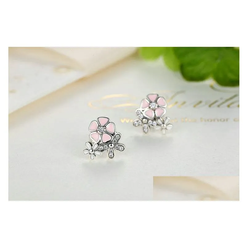 luxury 925 sterling silver poetic daisy cherry blossom drop earrings clear pink cz flower women engagement studs for women fashion