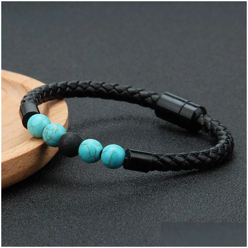 mens genuine leather lava rock bead brackets for women natural turquoise essential oil diffuser stone magnetic buckle bangle fashion