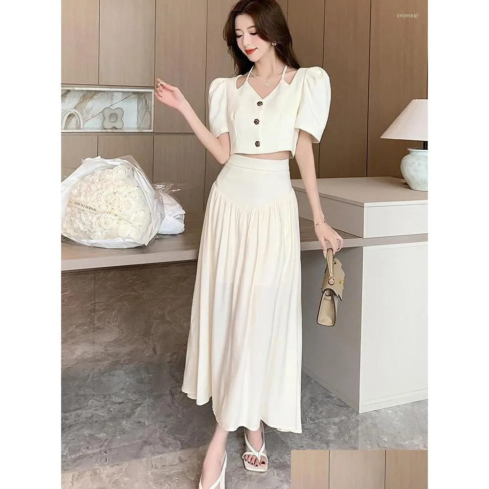 work dresses small fragrant french halter puff sleeve single breasted shirt high waist midi length skirt two piece set women outfit