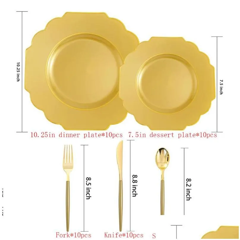 disposable dinnerware 50 pieces of tableware plastic plates and golden silverware wedding birthday party decorations