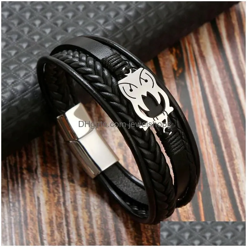 punk stainless steel owl charm bracelet men stainless steel magnet buckle leather braided bracelets bangle cuff jewelry