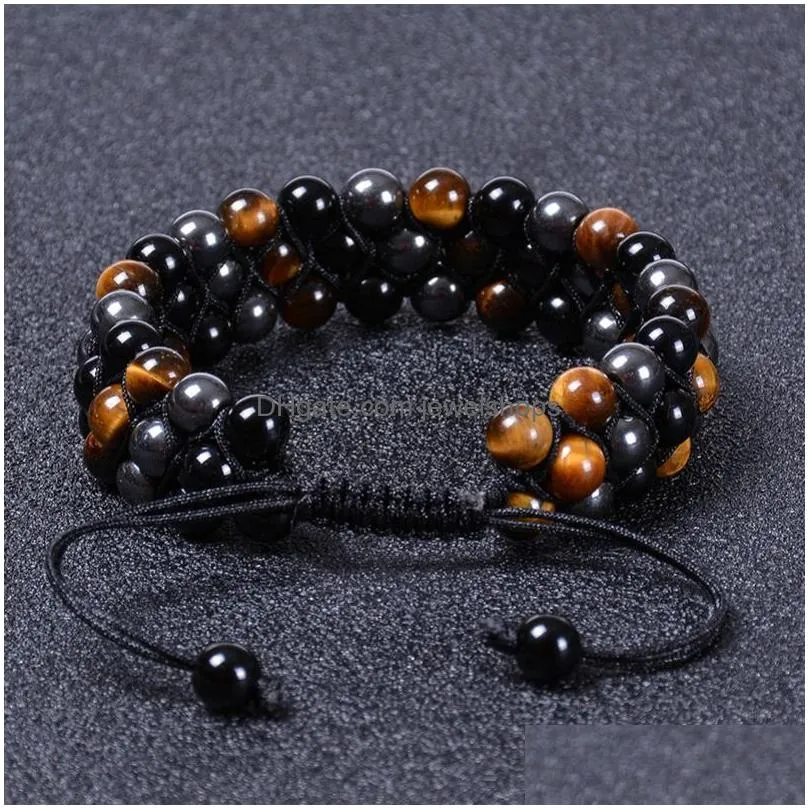 6mm natural stone yellow tiger eye black agate three layer bracelet wrap braided hematite gemstone bracelets bangle cuff wristband