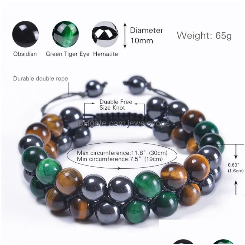 10mm blue tiger eye stone bracelet double layer beaded braided adjustable hematite magnet bracelets wristband cuff for men jewelry